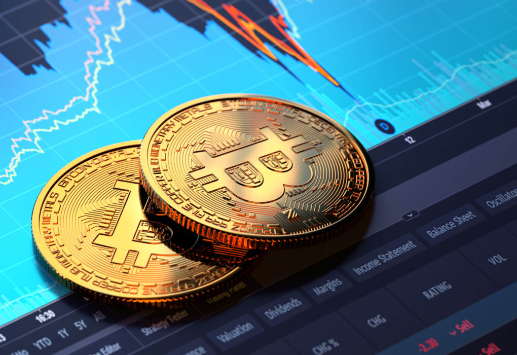 a pair of gold coins on a blue and green background with graph lines indicating cryptocurrency trading