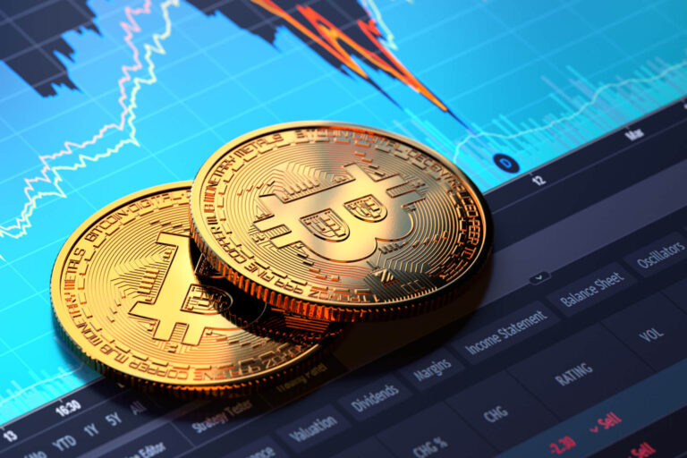 a pair of gold coins on a blue and green background with graph lines indicating cryptocurrency trading