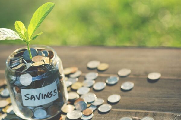 a jar of coins with a plant growing out of it